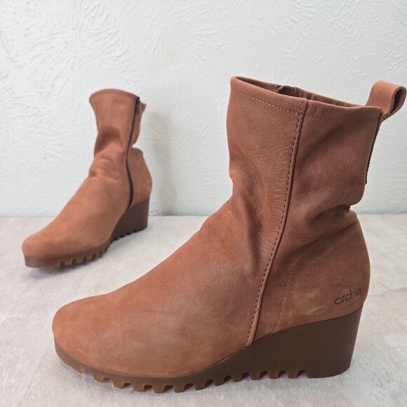 Arche Ankle Wedge Booties Nubuck Leather Brown Minimalist Comfort Boots Size 6 - Picture 1 of 12